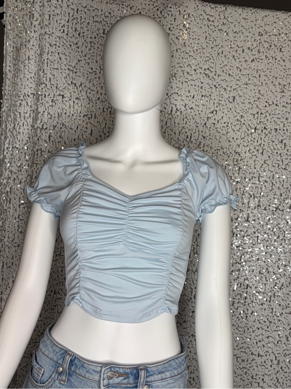 SHEIN Light Blue Ruched Puff Sleeve Crop Top